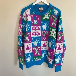 Party Sweater Dec 25th Adult XL Bright Blue & Pink Pullover XMas Sweater B8